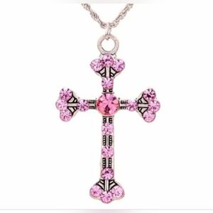 NEW Girl's Pink Cross fashion Crystal Pendant Necklace Silver Chain Jewelry
